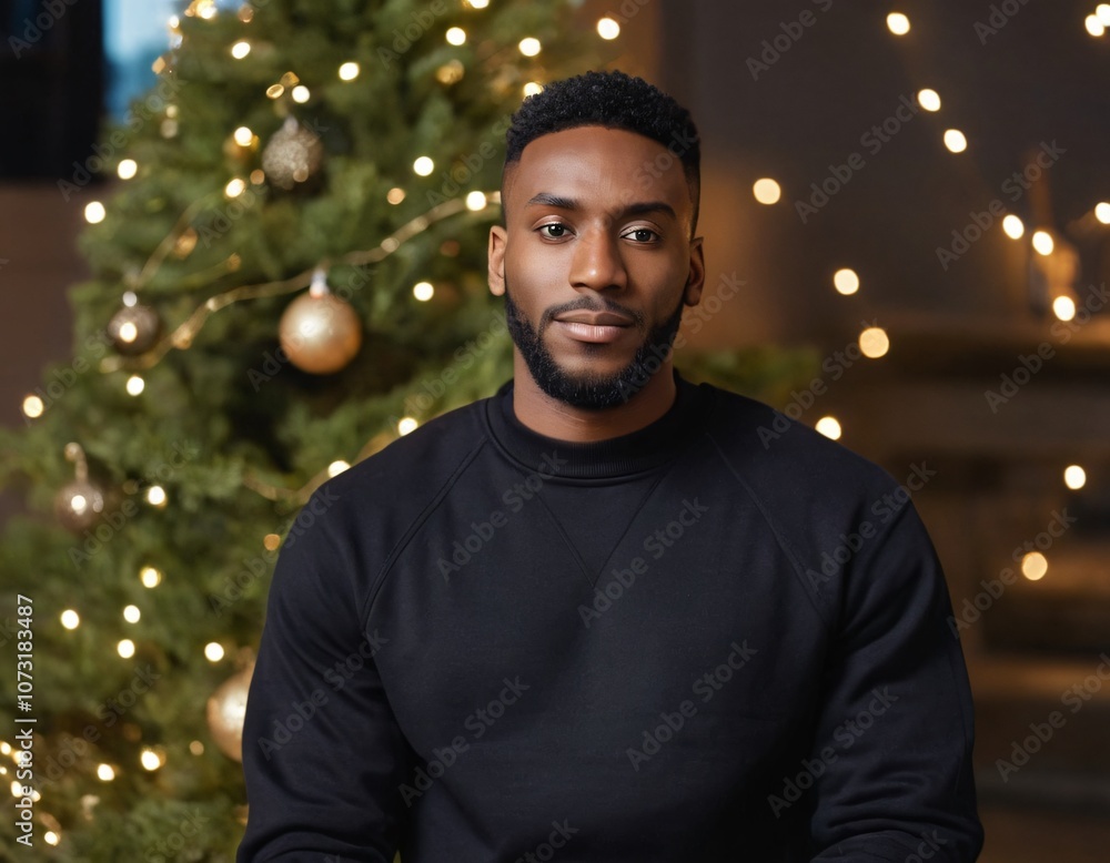 Handsome Africans Americans man wearing a black blank crewneck sweatshirt. mock up style photo. background outside at Christmas's time. Handsome Africans Americans man wearing a black blank crewneck sweatshirt. mock up style photo. background outside at Christmas's time.