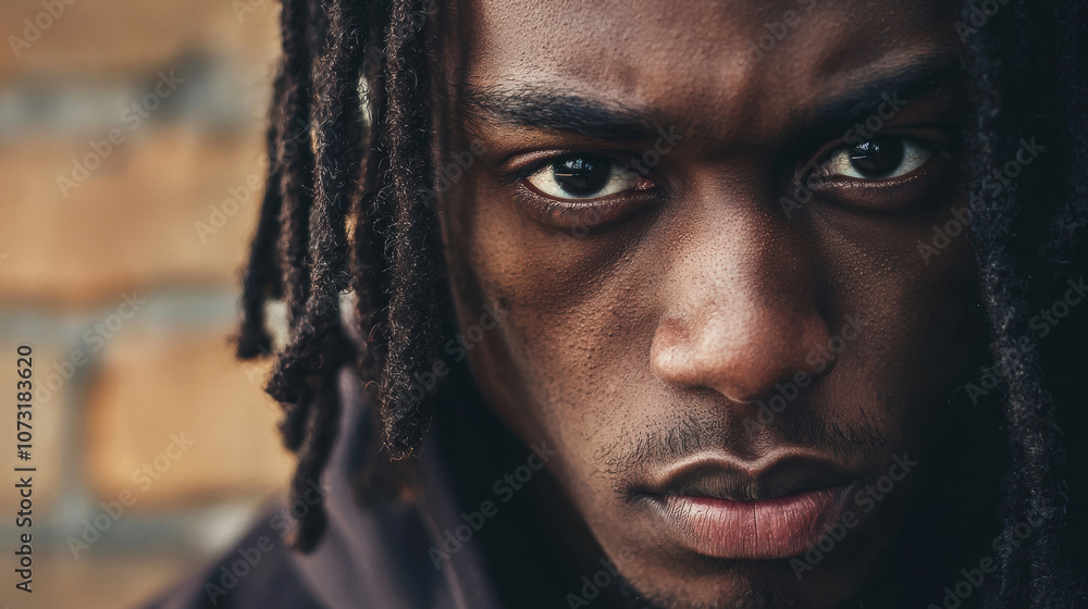Close-up of a young man with dark skin and dreadlocks, wearing a hoodie, standing in front of a brick wall, intense gaze into the camera Close-up of a young man with dark skin and dreadlocks, wearing a hoodie, standing in front of a brick wall, intense gaze into the camera