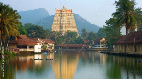 A vibrant view of the colorful murals adorning the walls of the Padmanabhaswamy Temple in Thiruvananthapuram, showcasing their artistic heritage photo