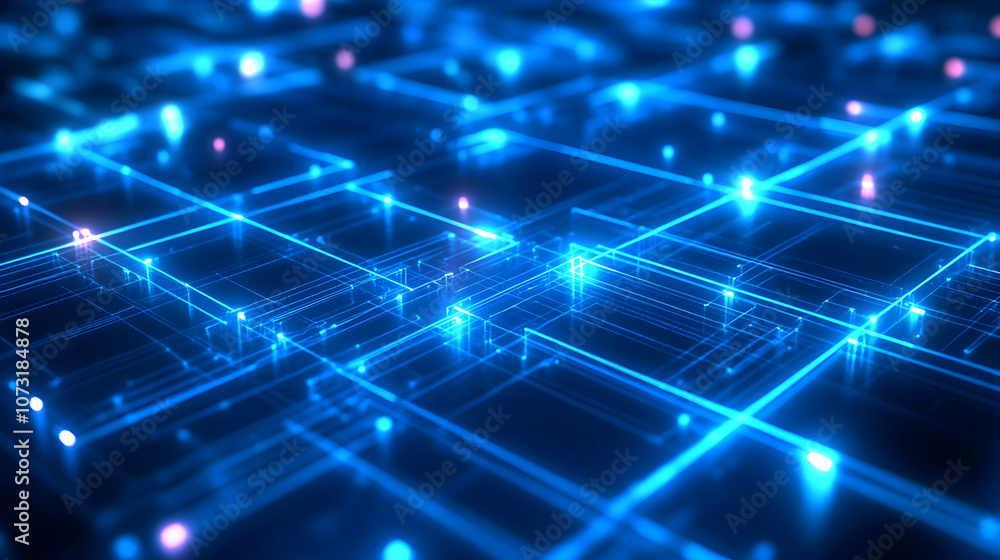 A futuristic digital network with bright blue nodes and glowing lines, representing advanced technology and blockchain systems.
