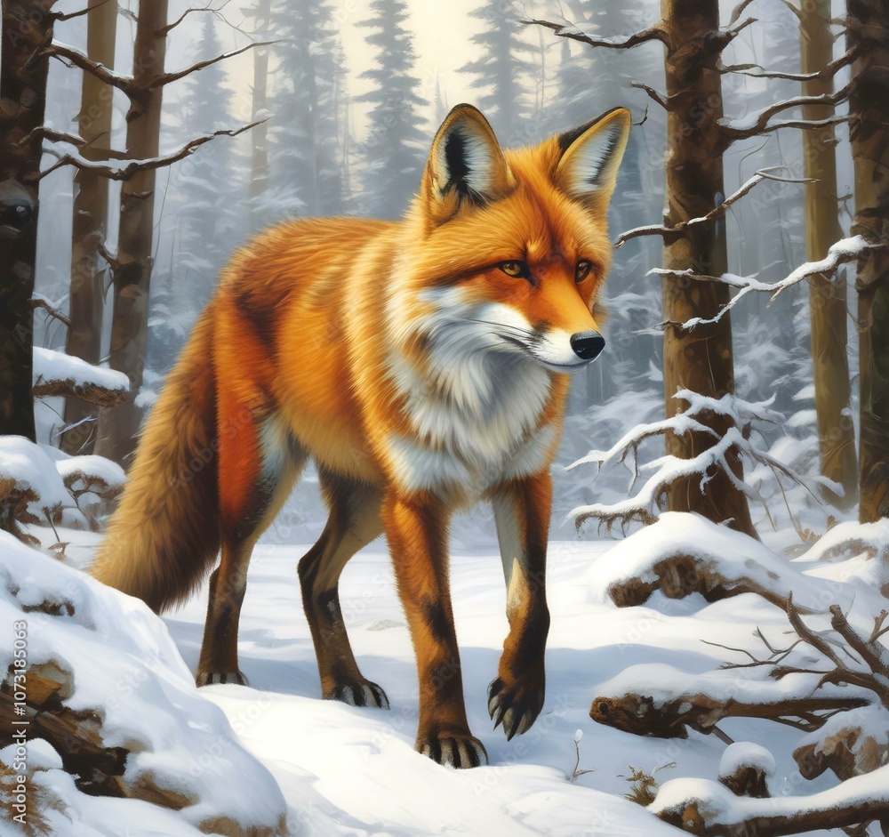 Fototapeta premium Illustration of cute animal. Fox in winter season.
