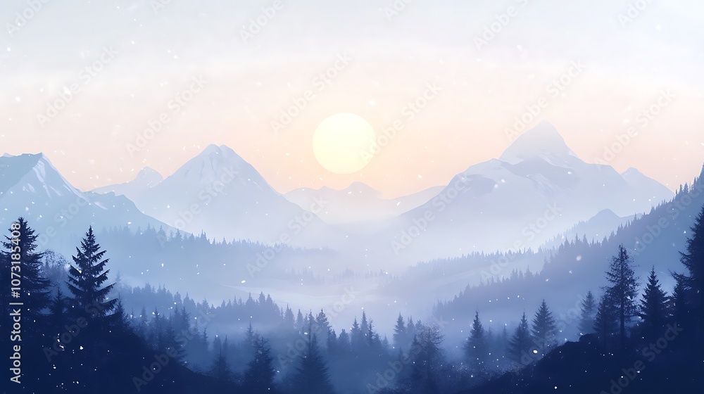 Snowy Mountain Range with a Sunlit Sky Above a Forest Snowy Mountain Range with a Sunlit Sky Above a Forest