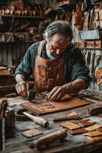 Leatherworker handcrafting a custom leather bag, using a hammer and stitching tools on a wooden table,