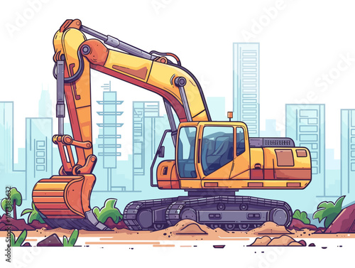 Yellow construction vehicle is driving through a city. The vehicle is a bulldozer, and it is surrounded by buildings. The scene is set in a city with a lot of construction going on