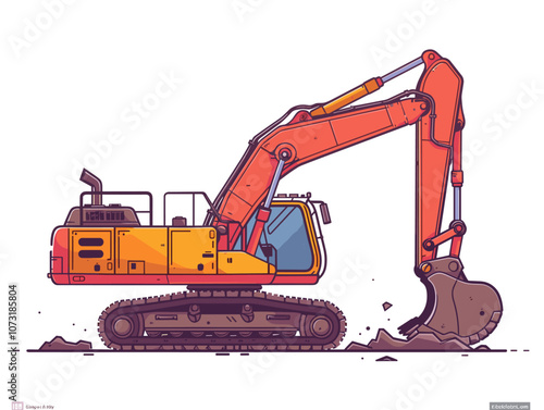 Large orange and yellow construction vehicle is digging into the ground. The vehicle is a bulldozer, and it is in the process of moving dirt and rocks. Concept of hard work and determination