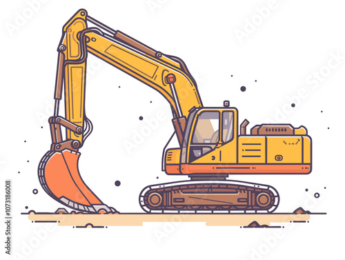Yellow excavator is digging into the ground. The machine is large and powerful, and it is likely being used for construction or other heavy-duty tasks. Concept of strength and determination