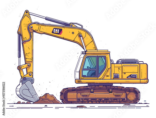 Yellow Caterpillar excavator is digging into the ground. The machine is large and powerful, with a long arm and a bucket at the end. The scene is dynamic and energetic