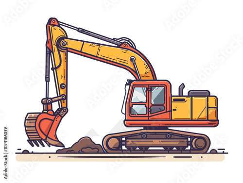 Yellow and orange construction machine is digging into the ground. The machine is large and powerful, and it is likely used for heavy-duty tasks such as excavation or construction