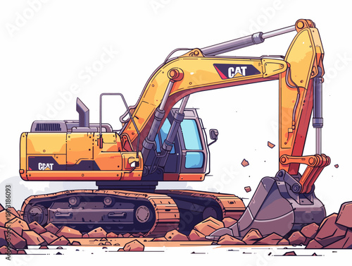 Caterpillar excavator is digging into the ground. The machine is yellow and orange, and it is surrounded by rocks. Concept of hard work and determination