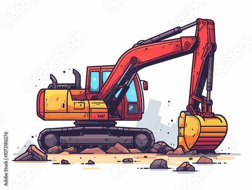 Red and yellow construction vehicle is digging into the ground. The vehicle is a large excavator with a yellow cab and a red bucket. Concept of hard work and determination