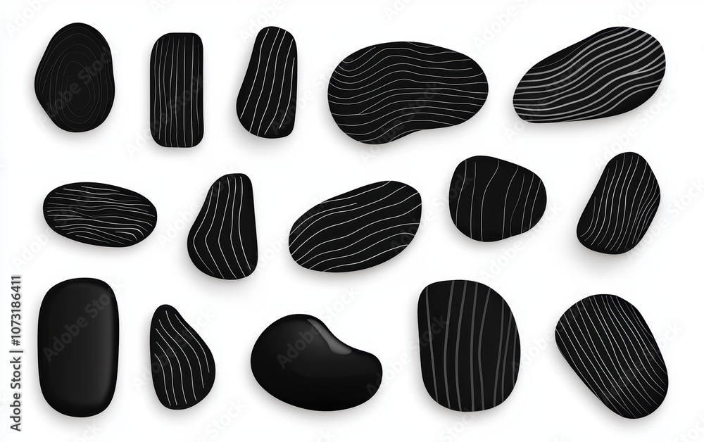 The image showcases a collection of black stones with varying shapes and patterns on a white background, emphasizing their texture and form. The image showcases a collection of black stones with varying shapes and patterns on a white background, emphasizing their texture and form.