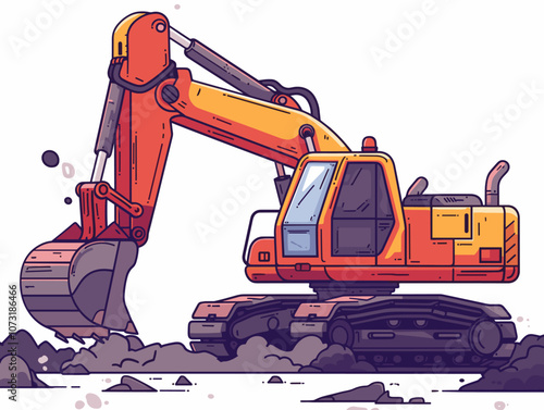 Red and orange construction vehicle is digging into the ground. The image has a moody and somewhat ominous feel, as if the machine is digging into something dangerous or unknown