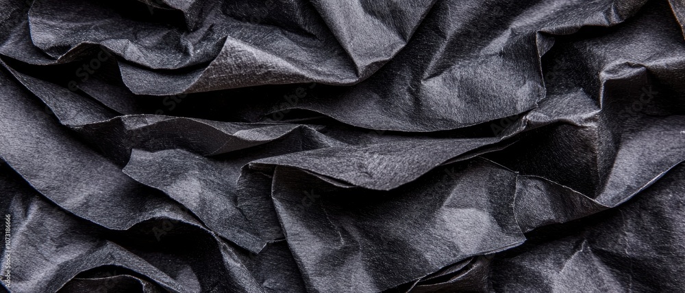 An intricate texture of crumpled black fabric, exhibiting rich layers and shadows, creating a visually captivating monochromatic design. An intricate texture of crumpled black fabric, exhibiting rich layers and shadows, creating a visually captivating monochromatic design.