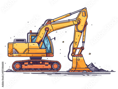 Yellow excavator is on a white background. The excavator is in the middle of a construction site