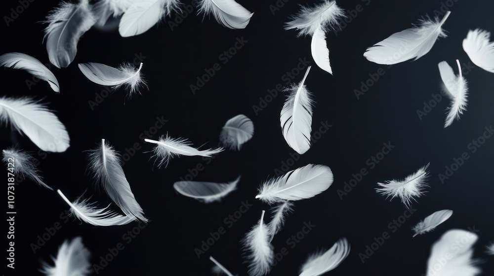 White Feathers Falling on a Black Background White Feathers Falling on a Black Background