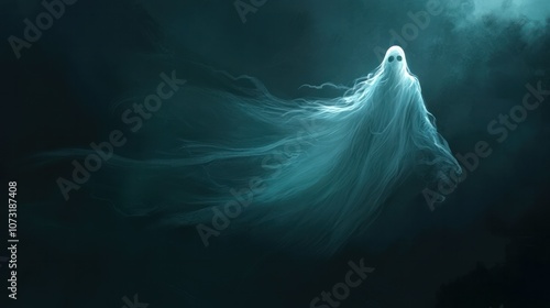 A pale, ghostly figure floating from deep shadows, wisps of fog trailing behind, softly glowing in an eerie, dark scene photo