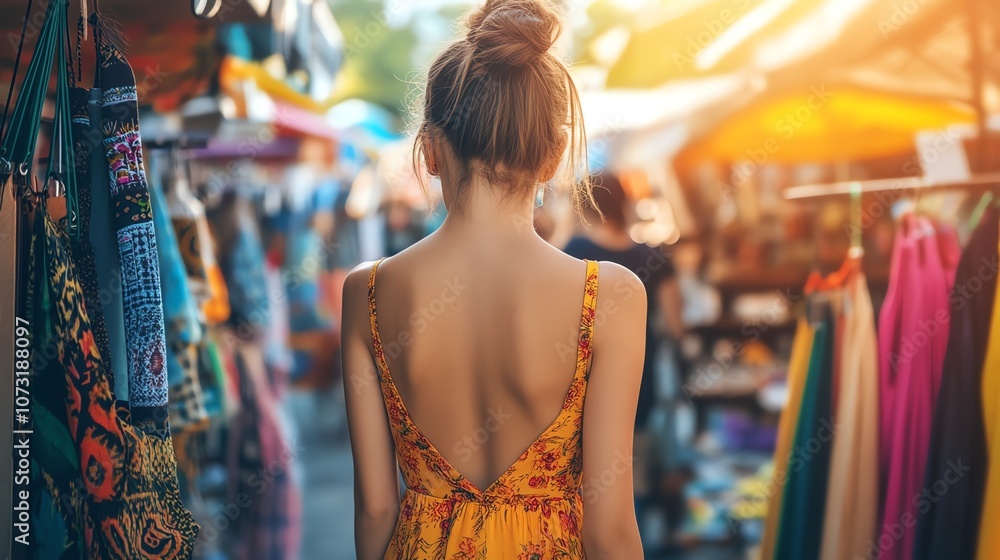 Fototapeta premium A young woman walks through a street market.