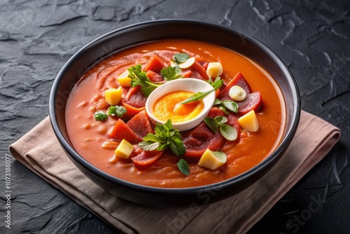 Bowl of Traditional Spanish Salmorejo with Prosciutto and Grated Egg on Black Marble Background, Elevate Your Culinary Photography with this Vertical Shot