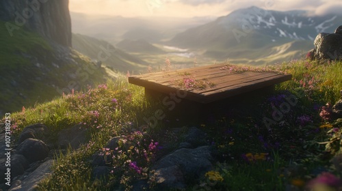 Wallpaper Mural Aged wooden table on a mountain plateau, grass and small wildflowers around it, with a sweeping valley in view Torontodigital.ca