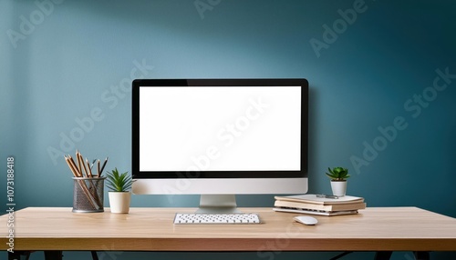 Modern Clean Office Workspace with Computer Screen Mockup and White Blank Screen