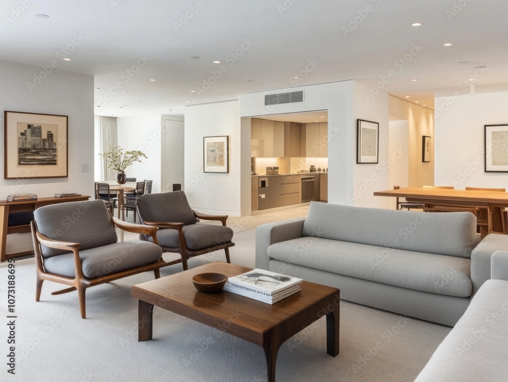 Modern Living Room Interior with Grey Sofa and Armchairs Modern Living Room Interior with Grey Sofa and Armchairs