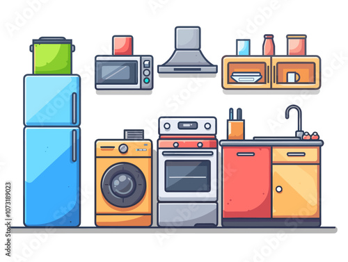 Kitchen interior with fridge, stove and oven. Vector illustration.