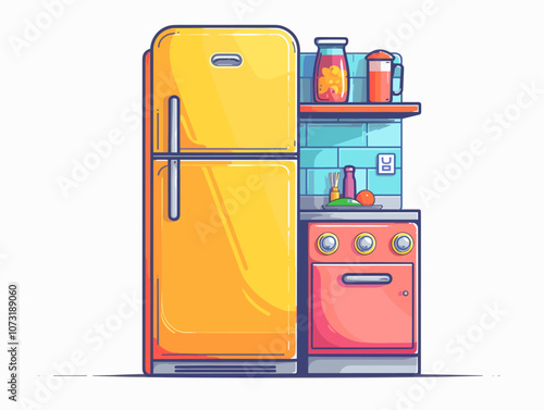 Cartoonish drawing of a yellow refrigerator and a red stove. The refrigerator is on the left and the stove is on the right