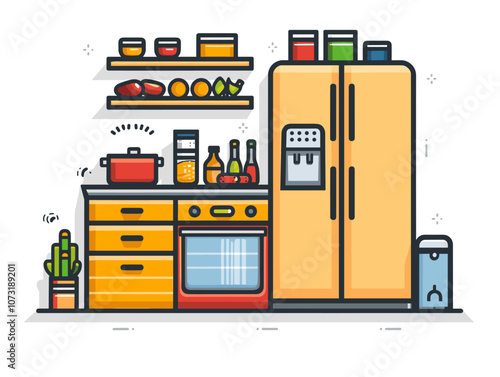 Kitchen interior with fridge, stove and oven. Vector illustration.