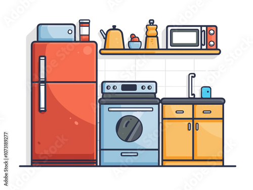 Kitchen interior with fridge, stove and oven. Vector illustration.