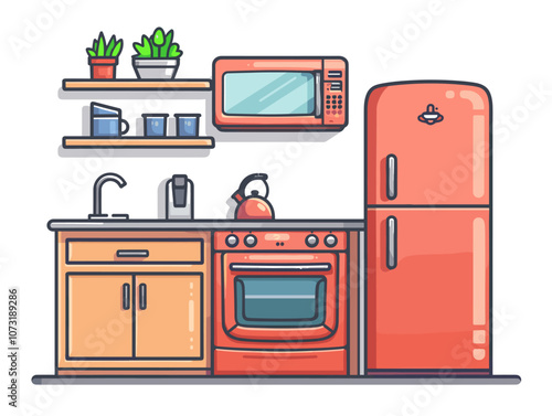 Kitchen interior with fridge, stove and oven. Vector illustration.