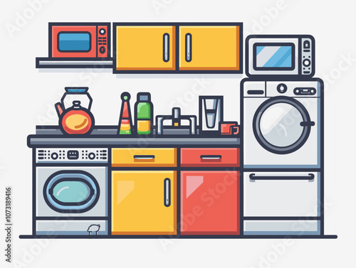 Kitchen interior with fridge, stove and oven. Vector illustration.