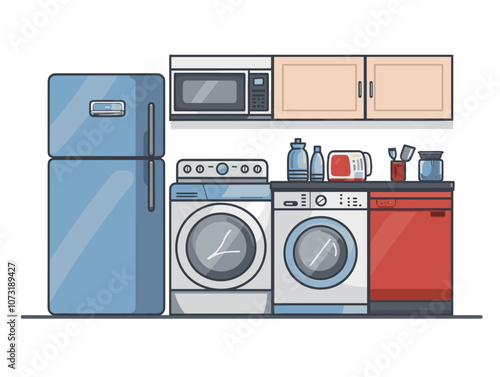 Kitchen interior with fridge, stove and oven. Vector illustration.
