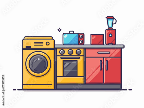 Kitchen interior with fridge, stove and oven. Vector illustration.