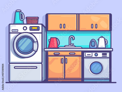 Kitchen interior with fridge, stove and oven. Vector illustration.
