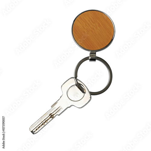 Metal and leather keychains with one metal home key, png isolated background.