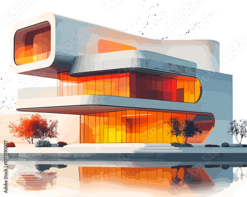 Large white house with orange accents and a balcony. The house is surrounded by trees and a body of water