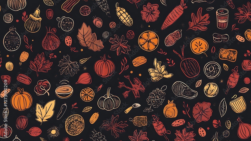 Hand-Drawn Autumn Harvest Illustration with Leaves, Pumpkins, and Other Fall Elements Hand-Drawn Autumn Harvest Illustration with Leaves, Pumpkins, and Other Fall Elements