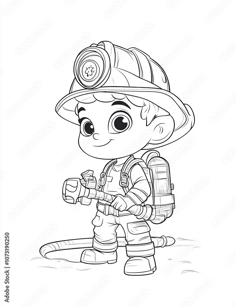 Children's coloring page of a cartoon fireman with a water hose on a white background, with thick lines. Children's coloring page of a cartoon fireman with a water hose on a white background, with thick lines.