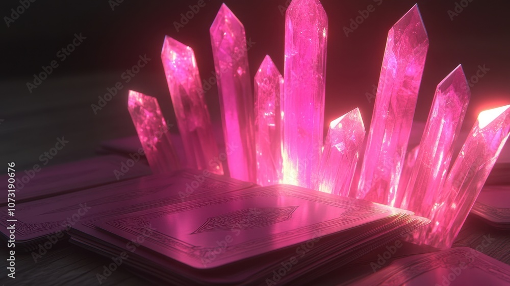 An ethereal arrangement of tarot cards and sparkling pink crystals, enhanced by soft, diffused light for a magical touch An ethereal arrangement of tarot cards and sparkling pink crystals, enhanced by soft, diffused light for a magical touch