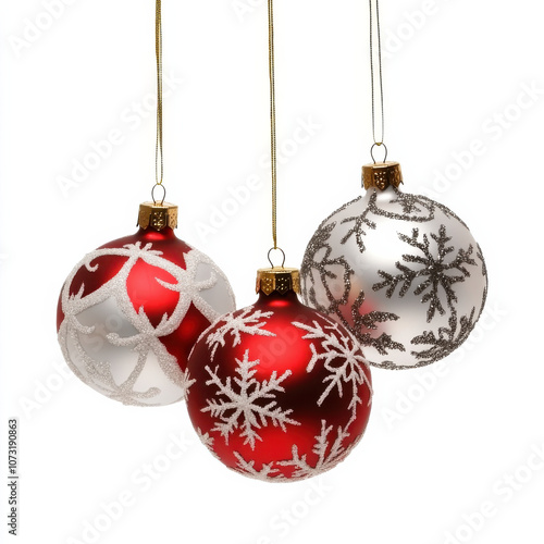 Christmas Baubles in Red and Silver with Snowflake Patterns, Classic Holiday Decorations