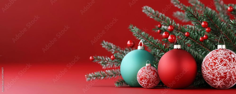 holiday christmas decorative winter tree red background festive ball december new year celebrate branch green holiday christmas decorative winter tree red background festive ball december new year celebrate branch green
