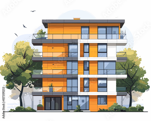 Tall building with a lot of windows and a balcony. The building is orange and white. There are trees in front of the building