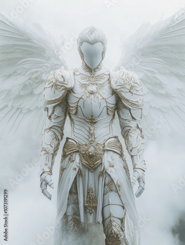 Angelic figure in detailed armor, bathed in soft white light, mystical fog, magical atmosphere, mythological and epic photo