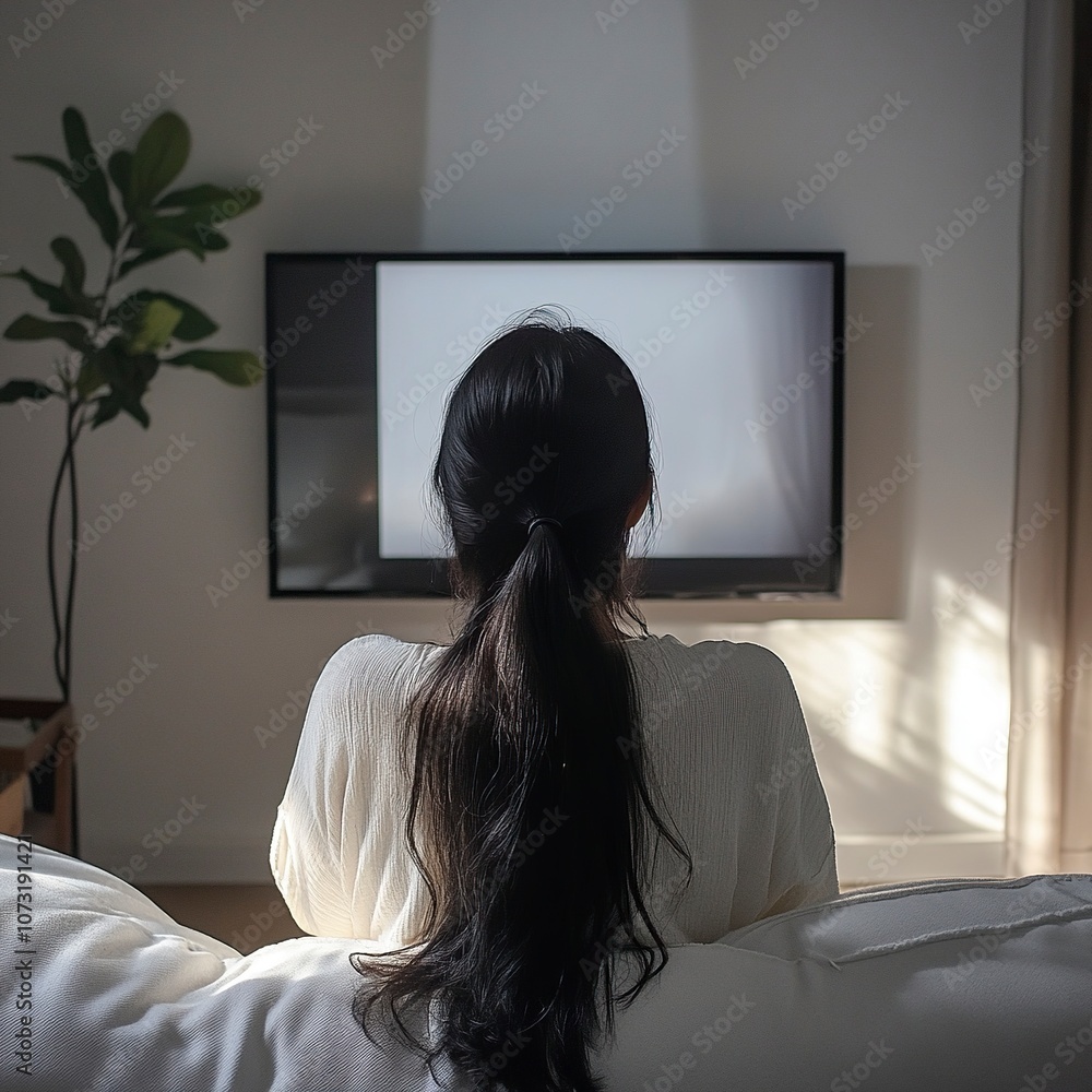 back of 1 women sitting on a white couch with black hair, unique angle, watching tv, full tv to be fully visible, asian modern living room .generative ai back of 1 women sitting on a white couch with black hair, unique angle, watching tv, full tv to be fully visible, asian modern living room .generative ai