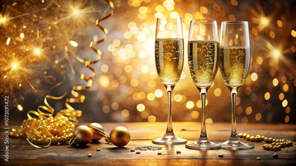 Celebrate New Year's Eve with Elegance: Champagne Glasses, Golden Streamers, and a Festive Background for Your Special Moments Celebrate New Year's Eve with Elegance: Champagne Glasses, Golden Streamers, and a Festive Background for Your Special Moments