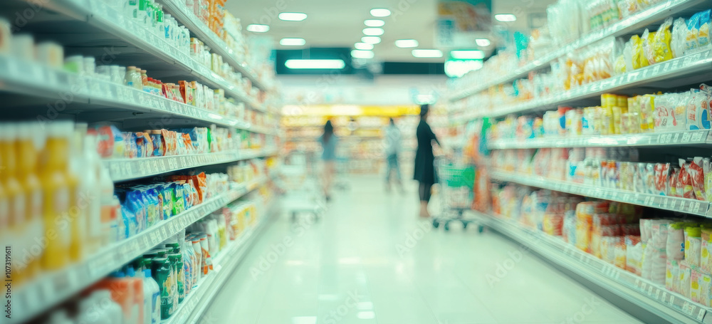 Blurred background of a grocery store with shelves full of products and people shopping in the foreground