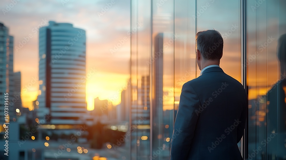 Fototapeta premium Business professional reflects on cityscape during sunset for strategic decision making