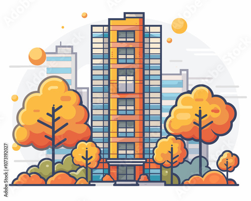 Tall building with orange leaves on the trees in front of it. The building is surrounded by trees and has a lot of windows