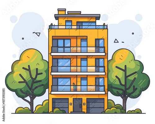 Tall yellow building with a green tree in front of it. The building has a balcony and a carport