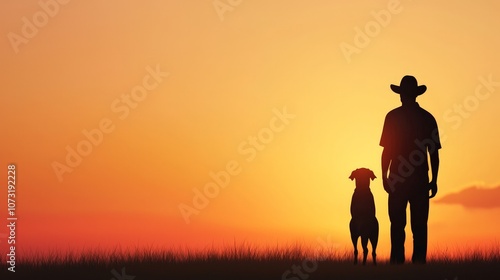 A silhouette of a man and dog standing together against a vibrant sunset backdrop, symbolizing companionship and tranquility.